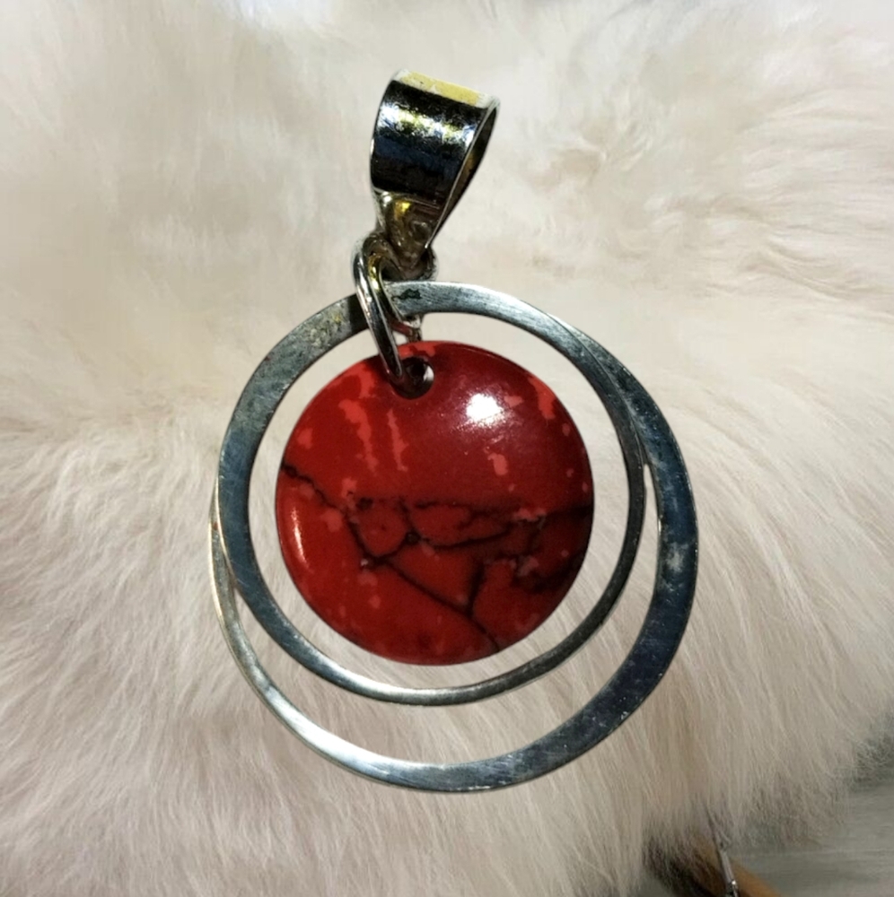 Double Circle Sterling Silver Pendant with Red Stone 1.25"